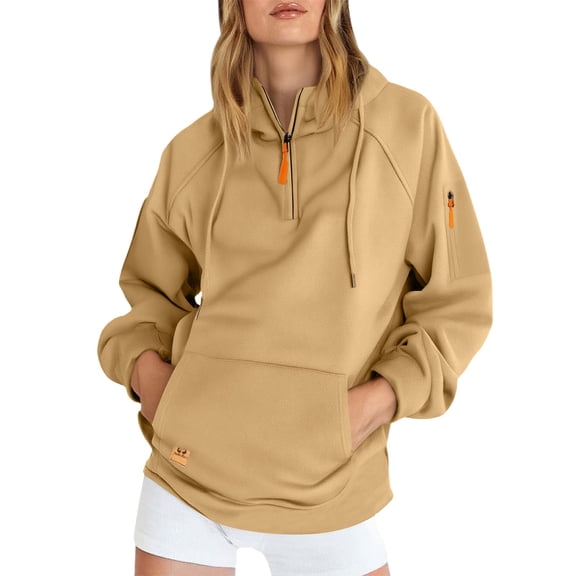 Otntypg Tactical Hoodies for Women Fashion Fall Winter Quarter Zip up Long Sleee Drawstring Hooded Pullover Sweatshirts Loose Fit Casual Outwear Jacket with Multi-Pockets Khaki M