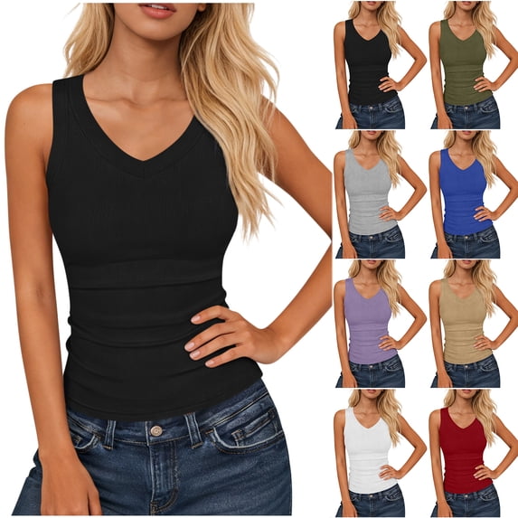 Otntypg Tank Tops for Women Casual V Neck Ribbed Knit Slim Fitted Sleeveless Basic Athletic Yoga Tee Tanks Casual Summer Outfit Clothes Black XL