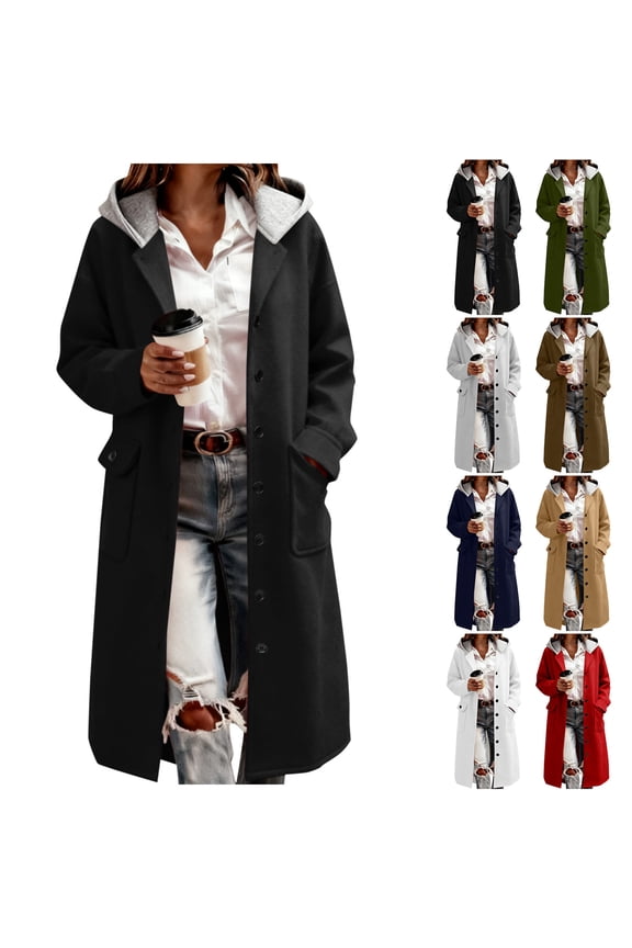 Trench Coat Women with Splicing Hood - Single Breasted Notched Lapel Collar Long Sleeve Pea Coats with Pockets Fall Winter Long Outwear Jackets Tops Gray S