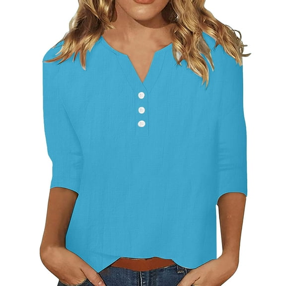 Otntypg Trendy 3/4 Sleeve Linen Shirts for Women Dressy Casual Button V Neck Solid Color Basic Tunic Tee Blouse Loose Oversized Soft Cotton Pullover Tops Blue M