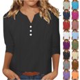 thumbnail image 1 of Otntypg Trendy 3/4 Sleeve Linen Shirts for Women Dressy Casual Button V Neck Solid Color Basic Tunic Tee Blouse Loose Oversized Soft Cotton Pullover Tops Yellow L, 1 of 10