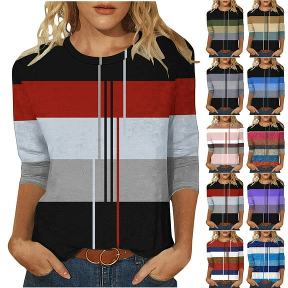 Otntypg Trendy 3/4 Sleeve Tops for Women Dressy Casual Summer Striped Color Block Printed Crewneck T-Shirts Loose Fit Basic Tunic Blouse Army Green L