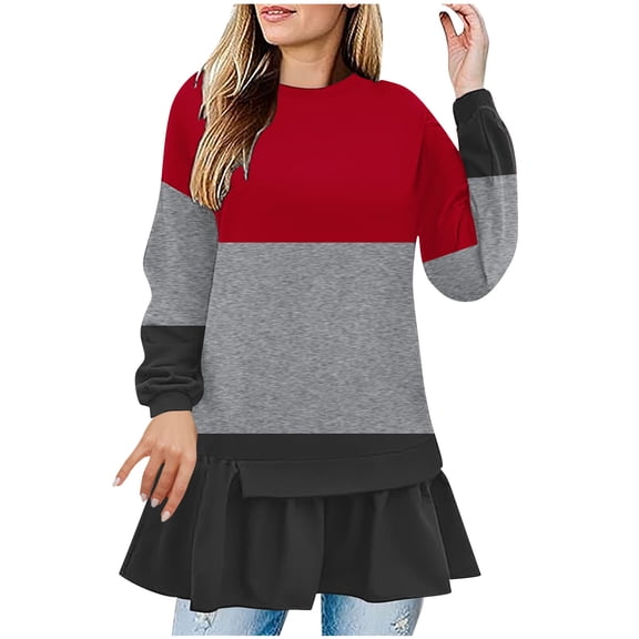 Otntypg Trendy Oversized Color Block Crewneck Tunic Sweatshirts for Women Teen Girls Loose Ruffled Hem Blouse Casual Fall Long Sleeve Pullover Tshirt Tops Red L