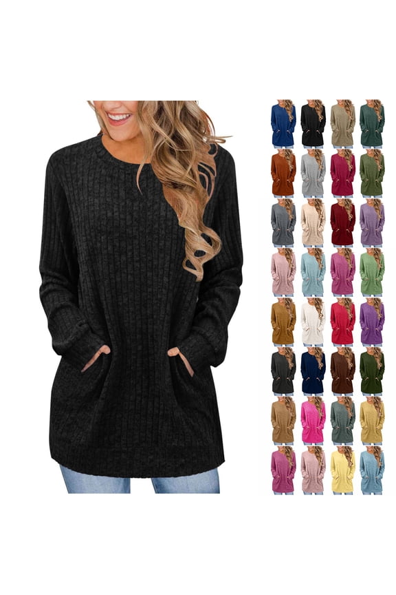 Tunic Sweaters for Women Fashion Long Sleeve Crewneck Ribbed Knit Pullover Sweater Tops Loose Fit Casual Dressy Blouses with Pockets Light Blue XL