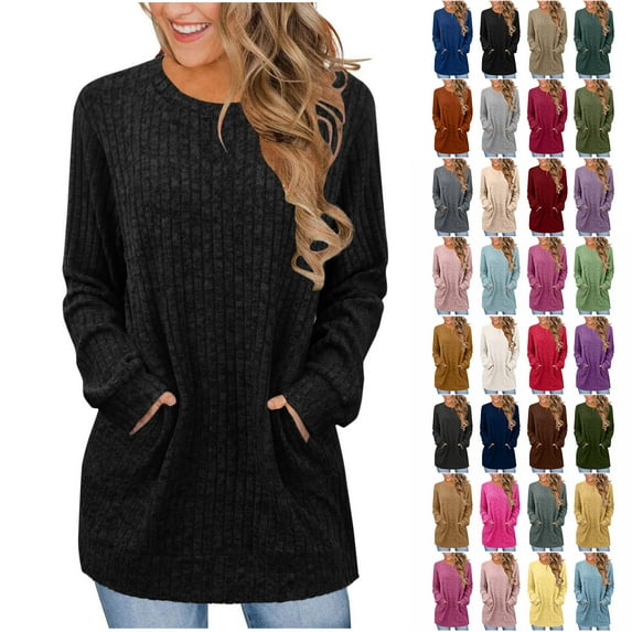 Otntypg Tunic Sweaters for Women Fashion Long Sleeve Crewneck Ribbed Knit Pullover Sweater Tops Loose Fit Casual Dressy Blouses with Pockets Wine L