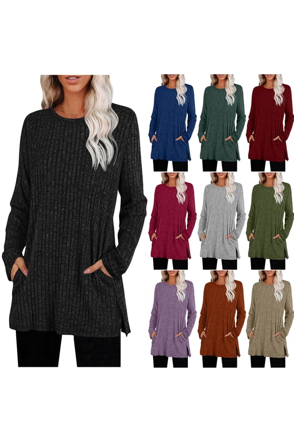 Tunic Sweaters for Women Trendy Fall Long Sleeve Ribbed Knitted Crewneck Pullover Tops Casual Side Slit Hem Blouse with Pockets Blue L