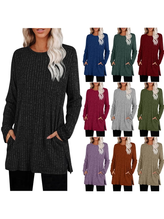 Tunic Sweaters for Women Trendy Fall Long Sleeve Ribbed Knitted Crewneck Pullover Tops Casual Side Slit Hem Blouse with Pockets Orange XL