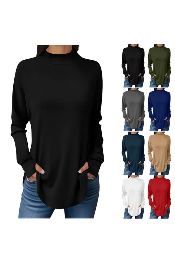 Tunic Tops for Women Dressy Casual Long Sleeve Turtle Neck Shirts with Thumb Holes Fall Spring Fashion Curved Hem Blouse for Leggings Black XL