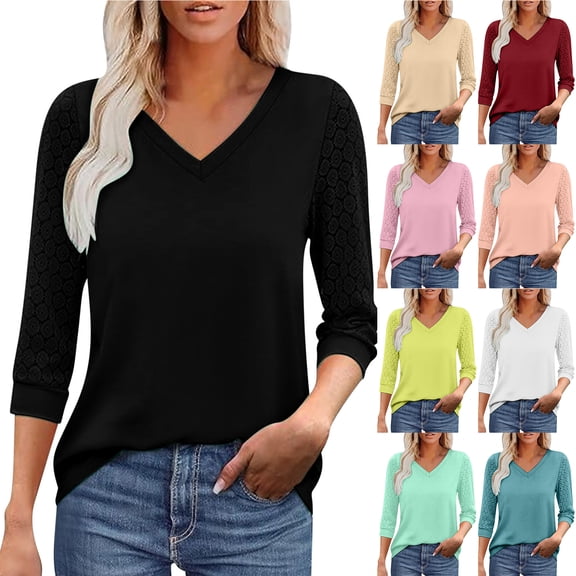 Otntypg Tunic Tops for Women Lace Crochet Eyelet Hollow out Patchwork 3/4 Sleeve Summer V Neck T-Shirts Loose Relaxed Fit Comfy Business Tees Shirt Blouses Beige XXL