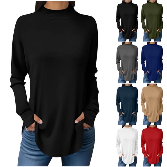 Otntypg Tunic Tops for Women Dressy Casual Long Sleeve Turtle Neck Shirts with Thumb Holes Fall Spring Fashion Curved Hem Blouse for Leggings Black M