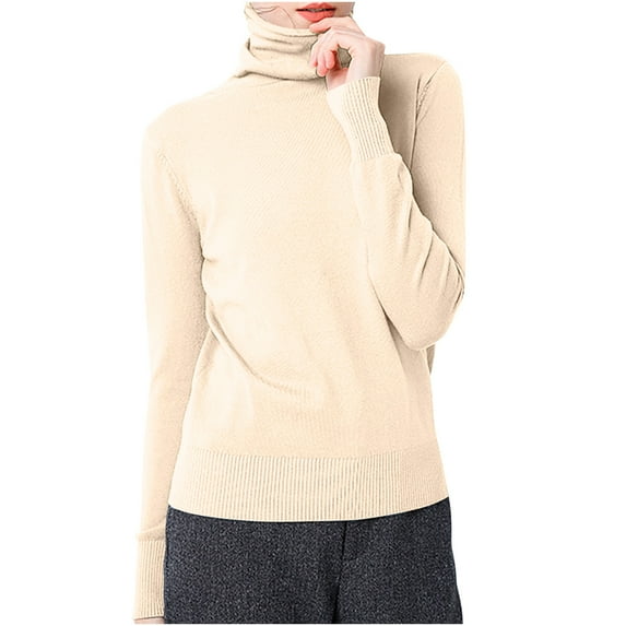Otntypg Turtleneck Sweater for Women Lightweight Casual Long Sleeve Plush Thick Warm Wool Tops Trendy Slim Fit Basic Pullover Jumpers Female Cozy Knitted Blouse Beige M