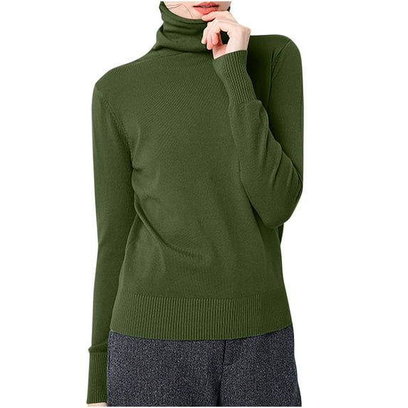 Otntypg Turtleneck Sweater for Women Lightweight Casual Long Sleeve Plush Thick Warm Wool Tops Trendy Slim Fit Basic Pullover Jumpers Female Cozy Knitted Blouse Army Green L