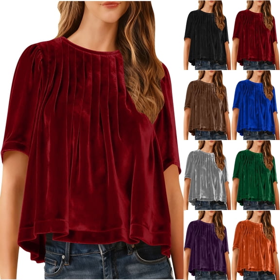 Otntypg Velvet Tops for Women Trendy Oversized Casual Dressy Spring Short Sleeve Round Neck Solid Color Pullover T-Shirts Loose Fit Work Business Elegant Ruch Pleated Tunic Blouse Brown S