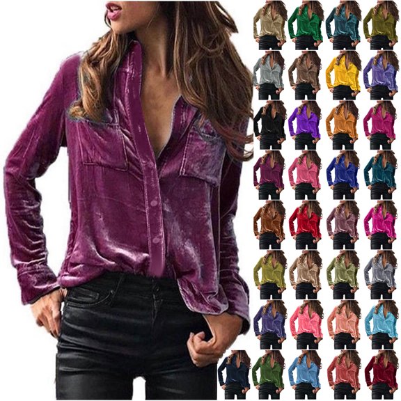 Otntypg Velvet Tops for Women Vintage Long Sleeve Button Down Shirts Casual Solid Color Elegant Comfy Tunic Blouse with Pockets Spring Fashion Clothes Coffee S