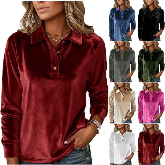 Otntypg Velvet Tops for Women Elegant Quarter Button up Long Sleeve V Neck Lapel Collared Work Shirts Trendy Casual Dressy Business Blouse Green S