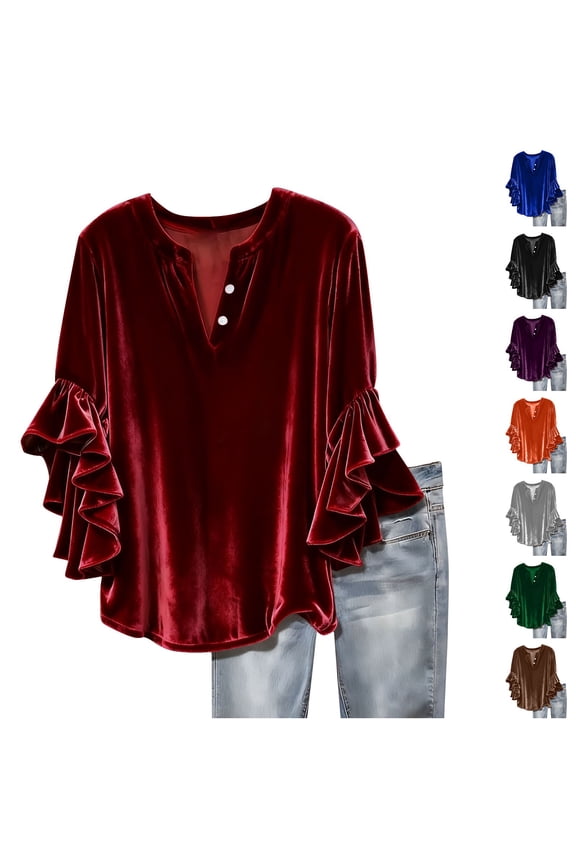 Velvet Tops for Women Ruffled 3/4 Length Sleeve Button V Neck Henley Shirts Loose Oversized Dressy Casual Elegant Work Tunic Blouse Purple L
