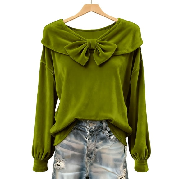 Otntypg Vintage Velvet Blouse for Women Dressy Casual Front Bowknot Tie Long Sleeve Cropped Boat Neck Tunic Tops Fashion Elegant Work Business T-Shirts Mint Green M