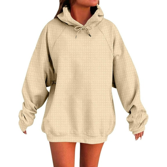 Otntypg Waffle Knit Hoodie Tops for Women Casual Fall Winter Long Sleeve Drawstring Hooded Pullover Sweatshirts Loose Lightweight Comfy Hoodies Top with Pocket Beige M