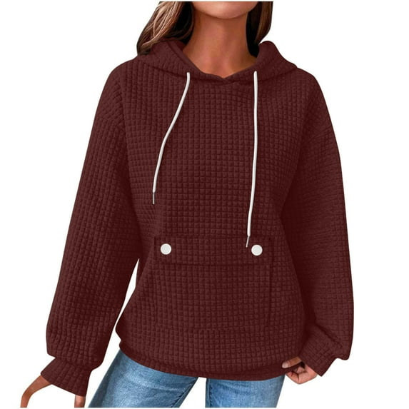 Otntypg Waffle Knit Hoodie Tops for Women Lightweight Casual Drawstring Long Sleeve Hooded Pullover Sweatshirts Trendy Cozy Athletic Hoodies T-Shirts with Pockets Wine S