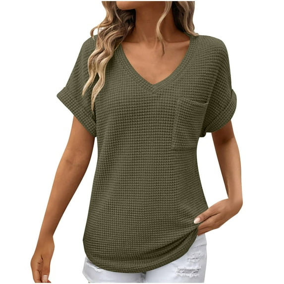 Otntypg Waffle Knit Tops for Women Casual Summer Short Sleeve V Neck Dressy Tunic Blouse Loose Fit Comfy Breathable Shirts with Pockets Army Green XL