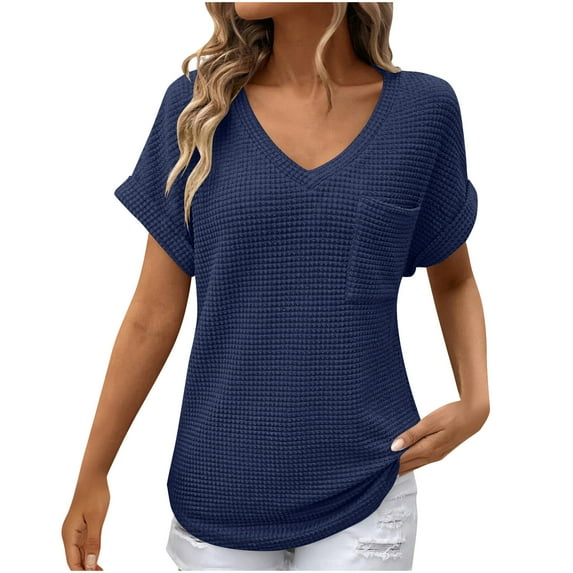 Otntypg Waffle Knit Tops for Women Casual Summer Short Sleeve V Neck Dressy Tunic Blouse Loose Fit Comfy Breathable Shirts with Pockets Dark Blue M