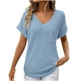 thumbnail image 1 of Otntypg Waffle Knit Tops for Women Casual Summer Short Sleeve V Neck Dressy Tunic Blouse Loose Fit Comfy Breathable Shirts with Pockets Light Blue L, 1 of 8