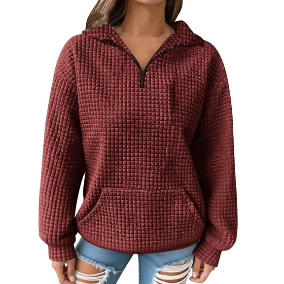 Otntypg Waffled Knit Sweatshirts for Women Fall Long Sleeve Casual Quarter Zip up Lapel Collared V Neck Pullover Tops Lightweight Fashion 2025 Outfit Sweatshirt with Pockets Wine S