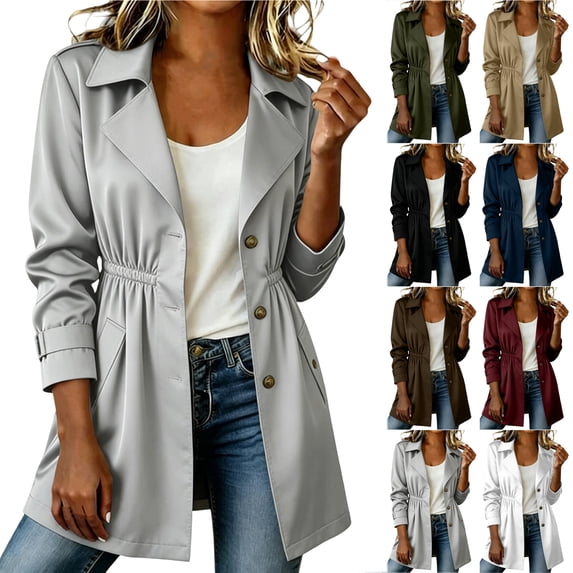 Otntypg Windbreaker Jackets for Women Lightweight Casual Fall Long Sleeve Full Button up Open Front Cardigan Outwear Trench Coat Loose Fit Elastic Waist Notch Lapel Collared Jacket with Pockets