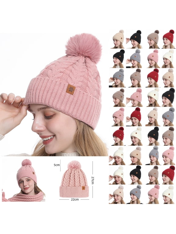 Winter Beanie Hats for Women with Faux Fuzzy Pom Warm Soft Stretch Cozy Knit Fleece Thermal Snow Ski Skull Cap for Cold Weather