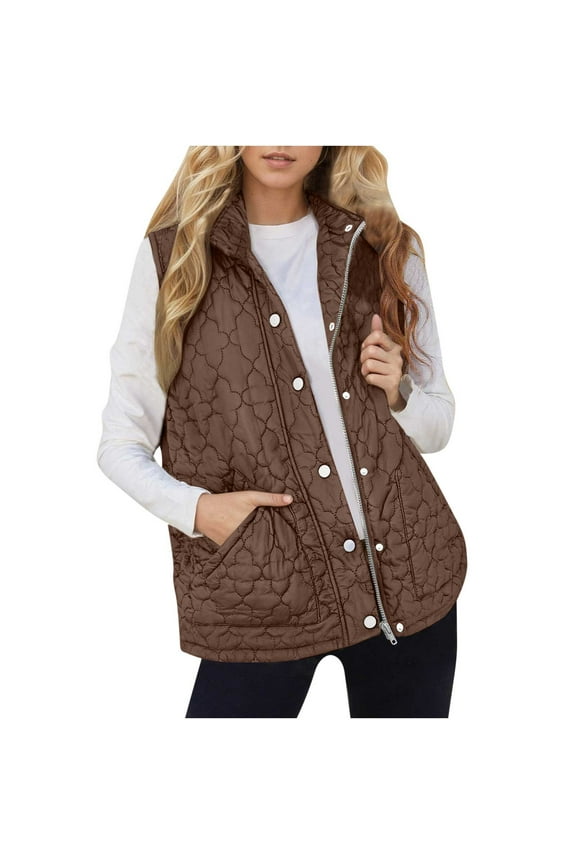 Winter Womens Puffer Vest Zipper Sleeveless Jackets Lightweight Button Down Vests Thick Warm Fall Outwear Jacket Coat with Pocket Coffee XXL