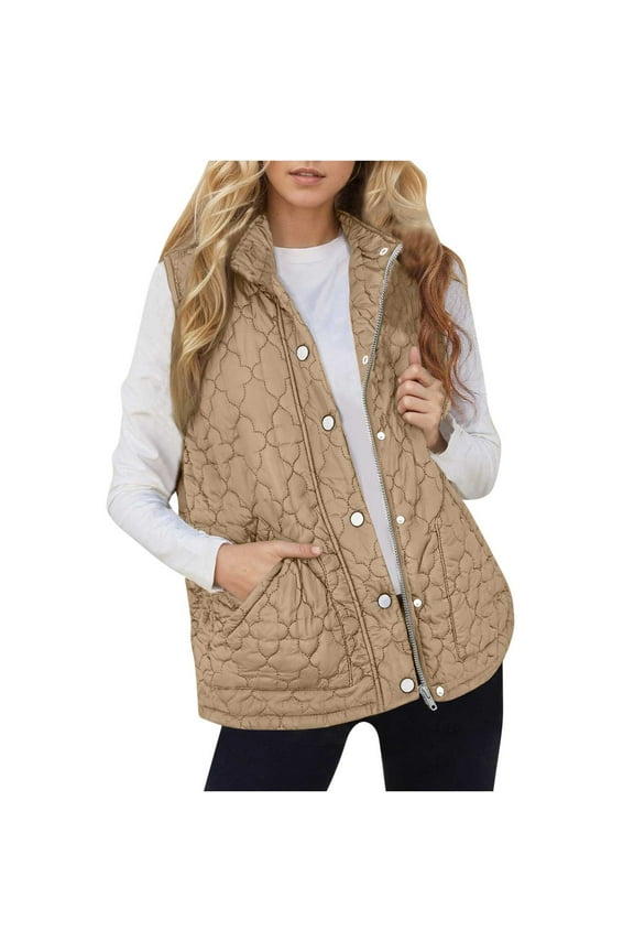 Winter Womens Puffer Vest Zipper Sleeveless Jackets Lightweight Button Down Vests Thick Warm Fall Outwear Jacket Coat with Pocket Khaki L