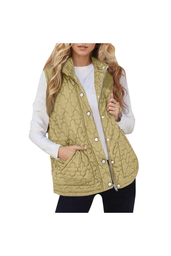 Winter Womens Puffer Vest Zipper Sleeveless Jackets Lightweight Button Down Vests Thick Warm Fall Outwear Jacket Coat with Pocket Yellow XXXL