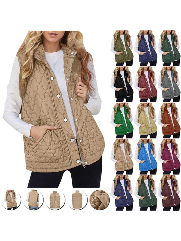 Winter Womens Puffer Vest Zipper Sleeveless Jackets Lightweight Button Down Vests Thick Warm Fall Outwear Jacket Coat with Pocket