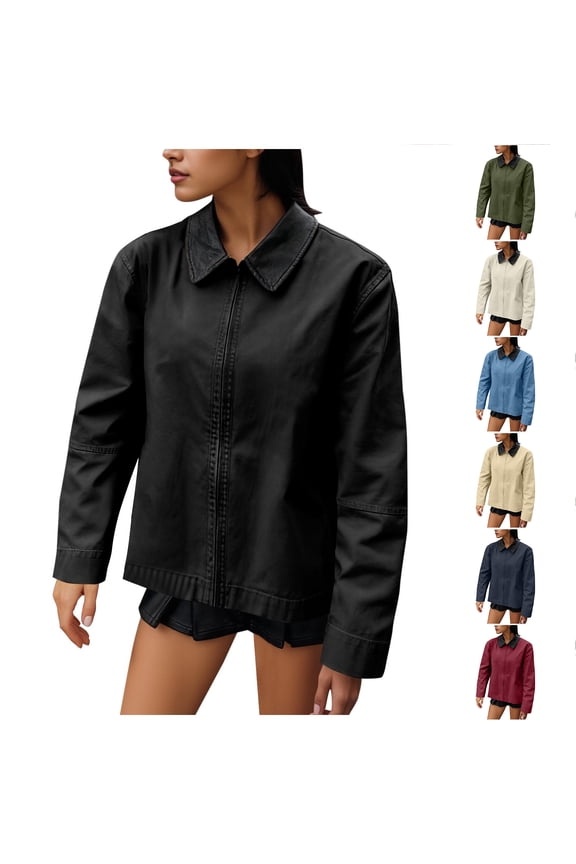 Women Barn Jackets 2025 Fall Trendy Contrast Collar Jacket Coat Casual Oversized Zip-Up Long Sleeve Outerwear with Pockets Wine S