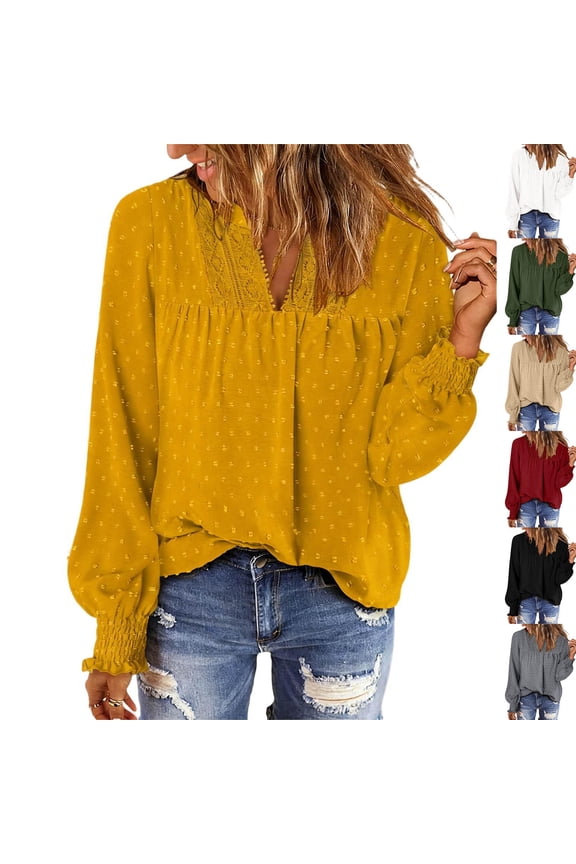Women Boho Long Sleeve Shirts Dressy Casual Trim V Neck Spring Fashion Tops Elegant Work Business Swiss Dot Flowy Tunic Blouses Black L