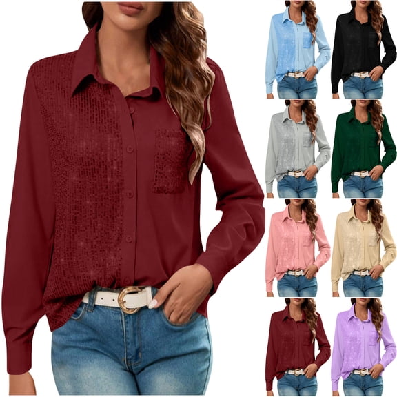 Otntypg Women Button Down Shirt Sparkly Sequin Shacket Long Sleeve Glitter Cocktail Party Blouses Dressy Casual Work Business Outerwear Tops with Pockets Gray XXL