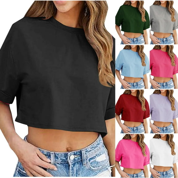 Otntypg Women Crop T-Shirts Half Sleeve Drop Shoulder Cropped Tops Trendy Solid Color Y2K Shirts Loose Fit Casual Summer Basic Tees Pink XXL