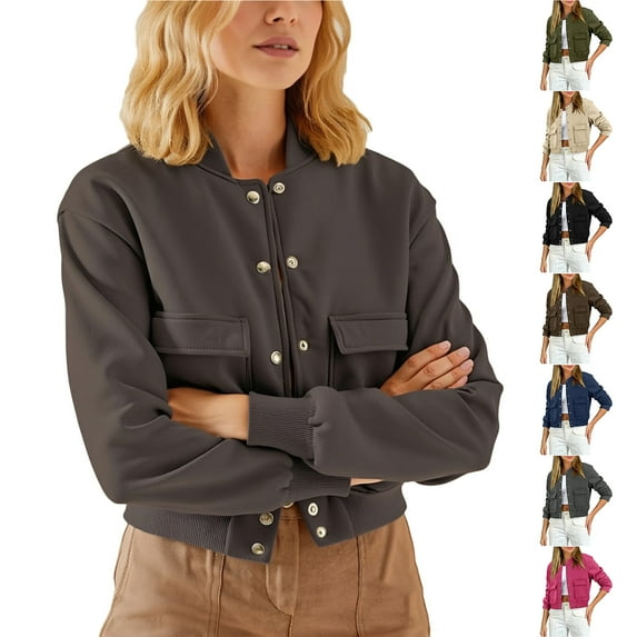Otntypg Women Cropped Bomber Jacket Fashion Casual Button up Long Sleeve Stand Collar Varsity Y2k Jackets Trendy 2025 Fall Outfits with Pockets Green XXL