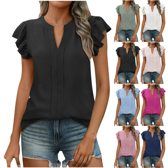 Otntypg Women Dressy Casual Blouse Ruffle Sleeve V Neck Textured Shirts 2025 Summer Business Work Tops Basic Tunic Shirts Army Green XXL