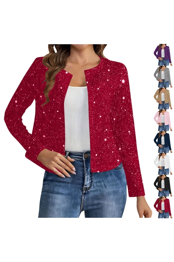 Women Fashion Sequin Cropped Jacket Open Front Long Sleeve Glitter Short Blazer Lightweight Casual Cardigan Outwear Coat Purple XXL