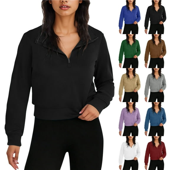 Otntypg Women Half Zip Up Cropped Lapel Sweatshirt Lightweight Casual Fall Winter Quarter Zipper V Neck Long Sleeve Pullover Tops Trendy 2025 Outfit Clothes Green L