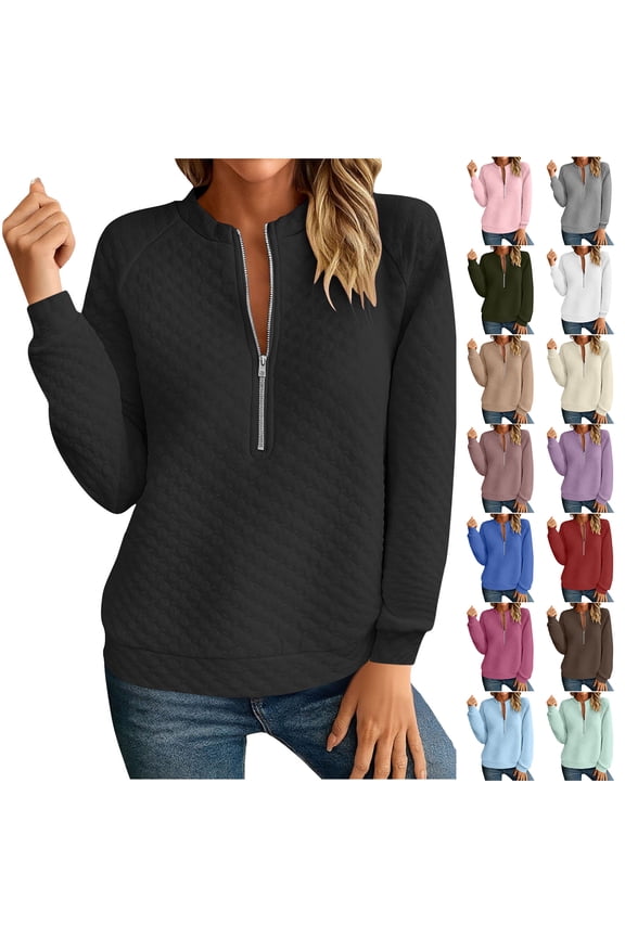 Women Half Zip Up Quilted Sweatshirt Lightweight Mock Neck Long Sleeve Thermal Shirts Loose Fall Fashion Textured Pullover Tops Purple S