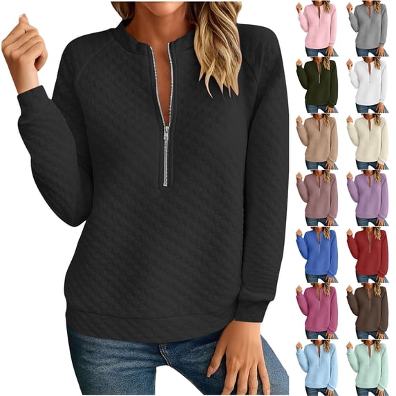 Otntypg Women Half Zip Up Quilted Sweatshirt Lightweight Mock Neck Long Sleeve Thermal Shirts Loose Fall Fashion Textured Pullover Tops Sky Blue M