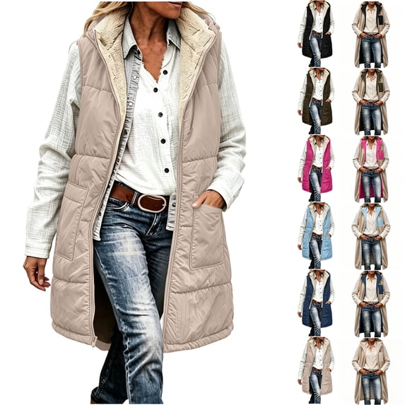 Otntypg Women Long Puffer Vest-Fall Full Zip up Reversible Fleece Lined Jacket 2026 Winter Warm Sleeveless Hooded Outwear Coat with Pockets