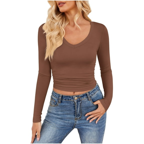 Otntypg Women Long Sleeve Shirts Basic Tight Athletic Workout T Shirt Trendy Summer Solid Color V Neck Slim Fit Going Out Crop Tops Brown XS