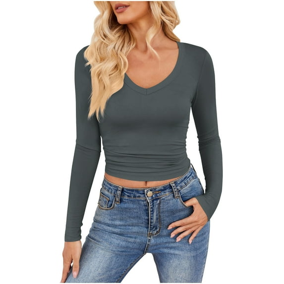 Otntypg Women Long Sleeve Shirts Basic Tight Athletic Workout T Shirt Trendy Summer Solid Color V Neck Slim Fit Going Out Crop Tops Gray M