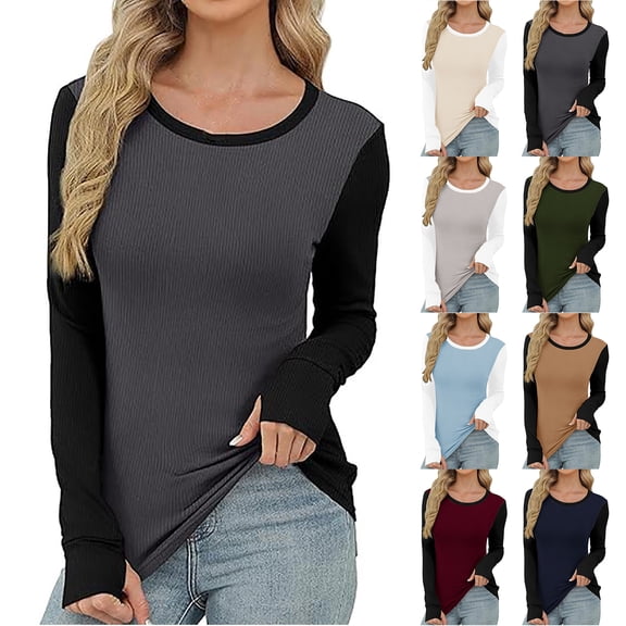 Otntypg Women Long Sleeve Shirts Color Block Ribbed Knit Slim Fitted Tops Casual Basic Tight Tee T-Shirts Spring Fall Underscrubs Layer Outfits Navy XL