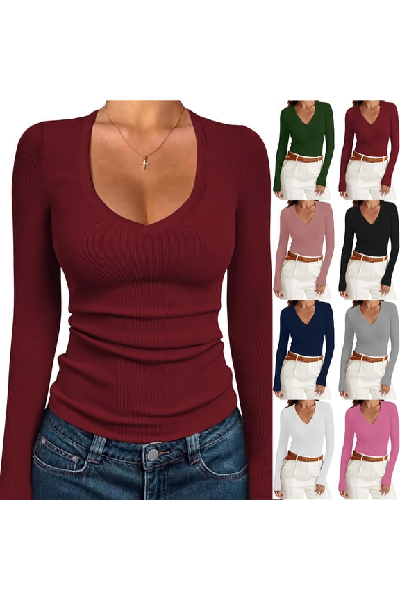 Women Long Sleeve V Neck Shirts for Women Business Casual Work Top Knit Slim Fit for Fall Spring Lightweight Thin Basic Tees Blouse Navy M