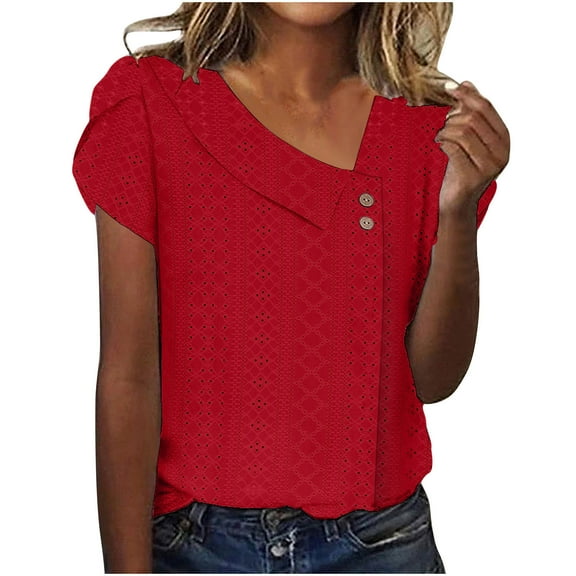 Otntypg Women Plus Size T Shirts Trendy 2025 Summer Dressy Casual Petal Short Sleeve Button V Neck Collared Petite Tops Cute Lace Eyelet Tunic Blouses Red XL
