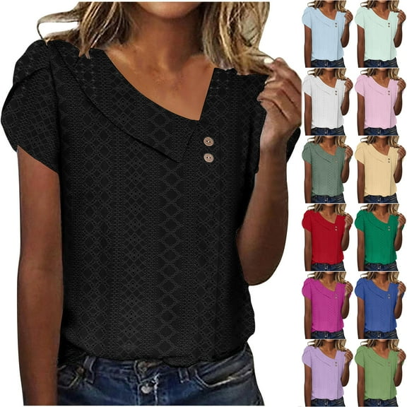 Otntypg Women Plus Size T Shirts Trendy 2025 Summer Dressy Casual Petal Short Sleeve Button V Neck Collared Petite Tops Cute Lace Eyelet Tunic Blouses Yellow L
